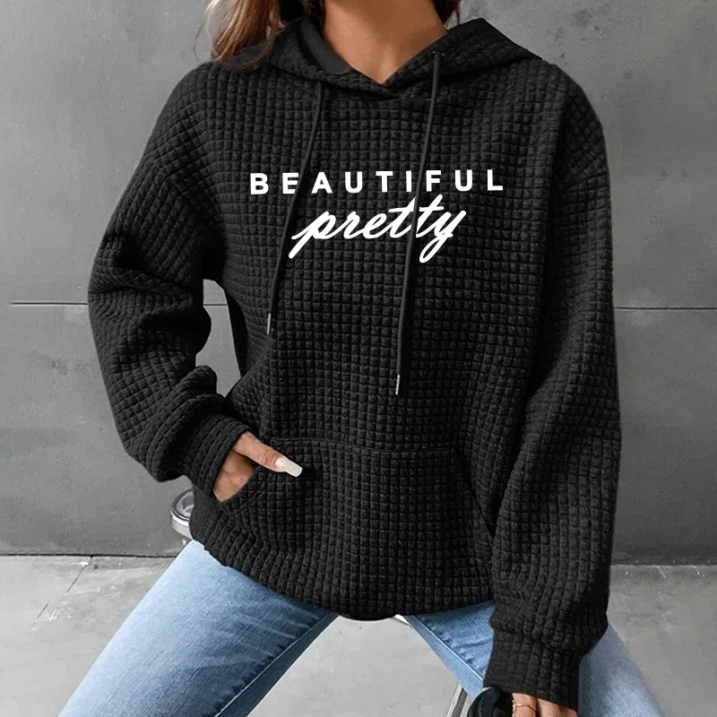 Loose Chanel Style Women's Fashion Waffley Long Sleeve Letter Printed Hooded Sweat
