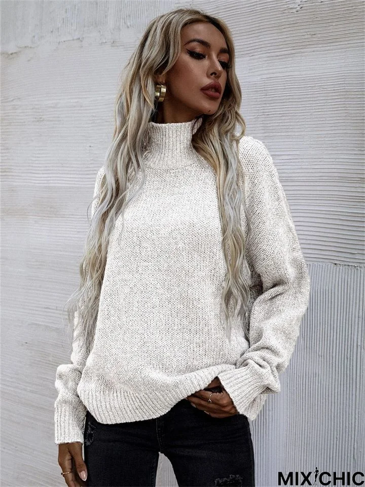 Loose-Fitting Knit Turtleneck Solid Color Sweater