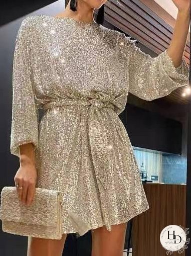 Dresses Sparkling Sequin Long Sleeve Festive Party Dress for Women