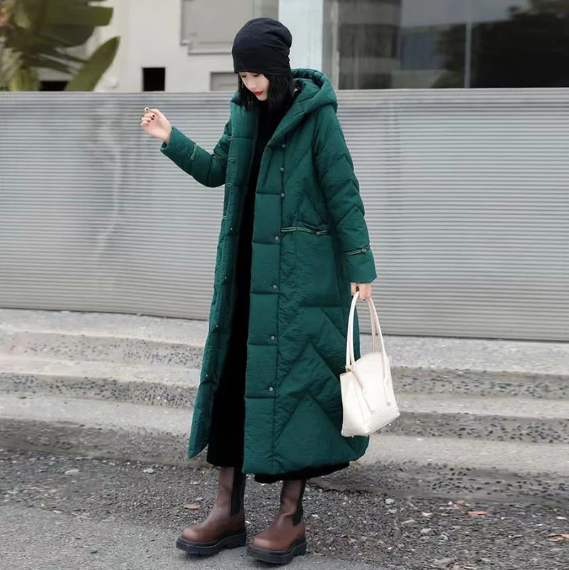 Woherb Chinese Wind Long White Duck Down Down Jacket Female 2024 Winter Retro Embroidery Add Thick Over The Knee Plate Button Large Size Coat Tide-Outfit Ideas