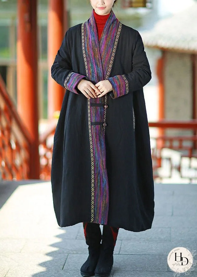 Plus Size Black V Neck Patchwork Fine Cotton Filled Long Coats Winter