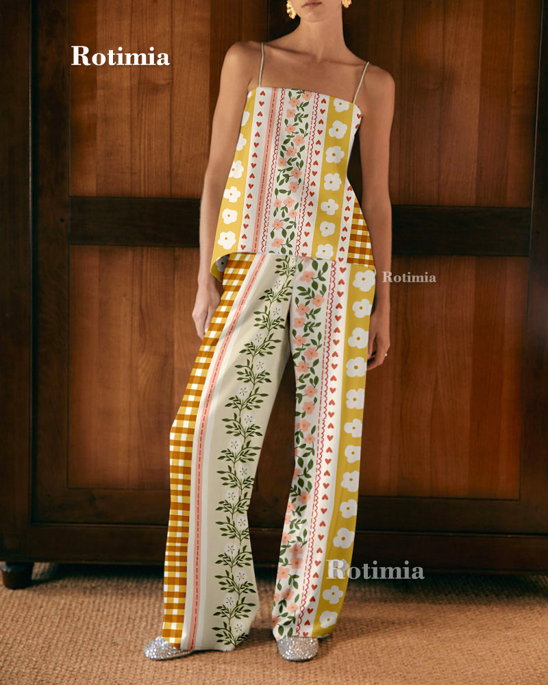Print Suspenders & Pants Two Piece Set