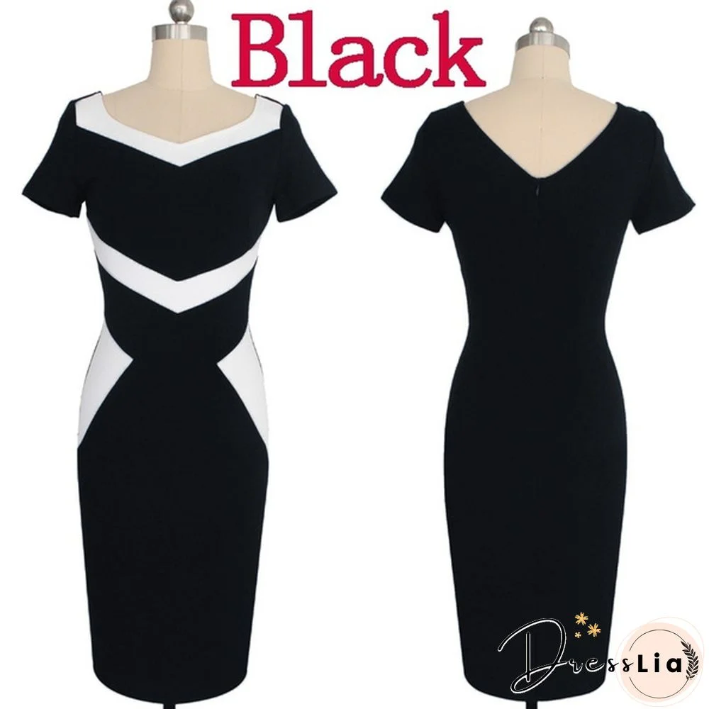 New Ladies Vintage Elegant Contrast Color Patchwork Wear To Work Vestidos Business Party Office Women Bodycon Dress