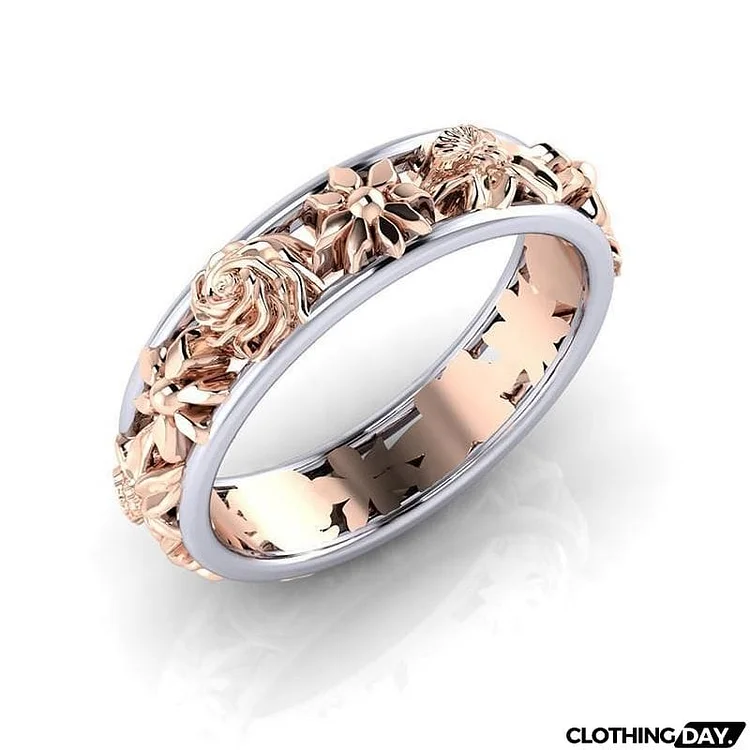 Sweet Rose Gold Flower Bicolor Women's Finger Ring