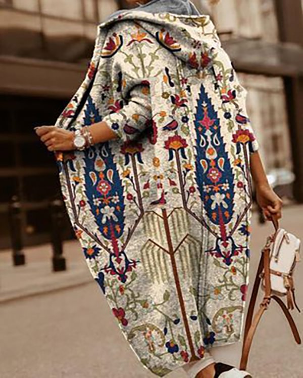 Ethnic Vintage Print Long Pocket Cardigan
