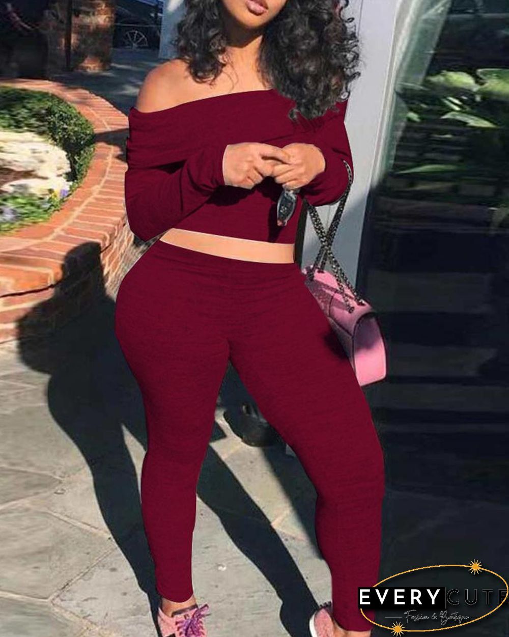 Off Shoulder Long Sleeve Crop Top & Skinny Pants Set P13624