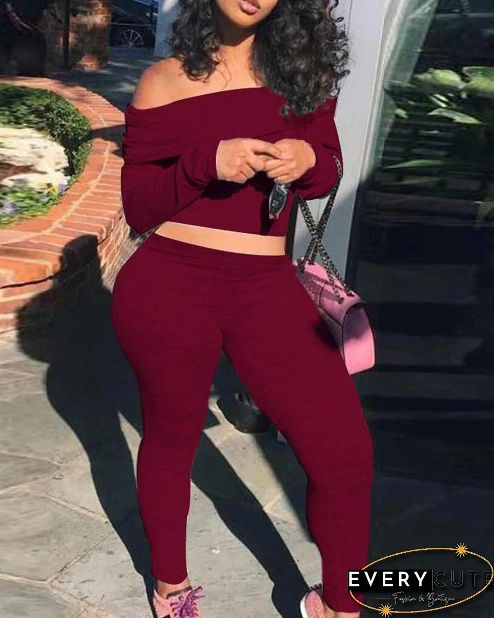 Off Shoulder Long Sleeve Crop Top & Skinny Pants Set P13624