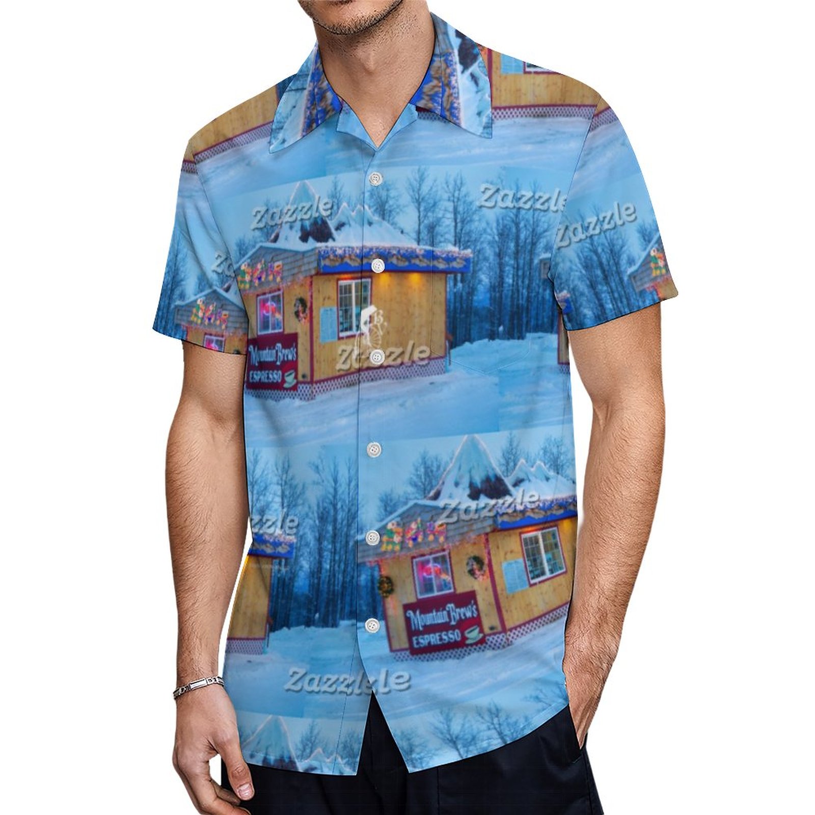 Alaska Coffee Drive Thru Mountain Brews Espresso Hawaiian Shirt Mens Button Down Tropical Hawaii Beach Shirts