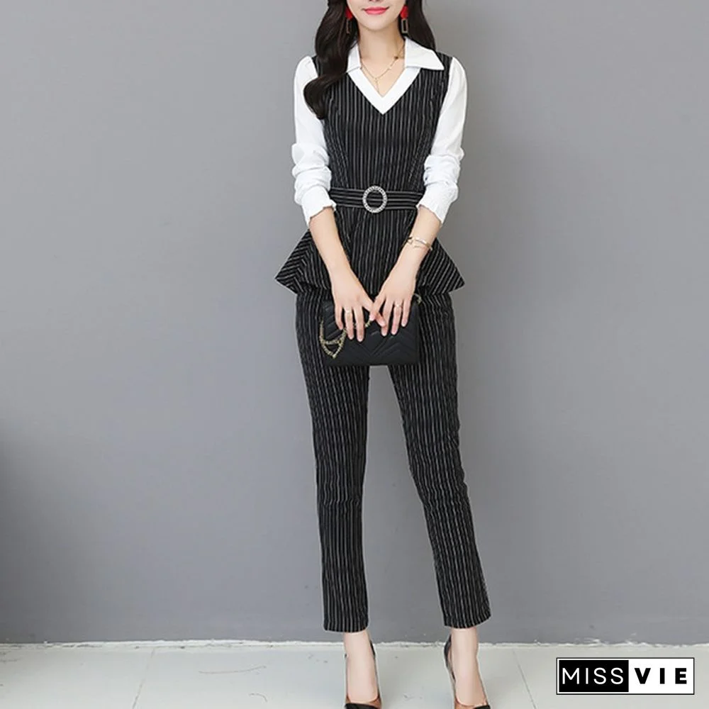 Grey Black Office Striped Two Piece Sets Outfits Women Plus Size Fake Two Pieces Shirts And Pants Suits Elegant Korean Sets