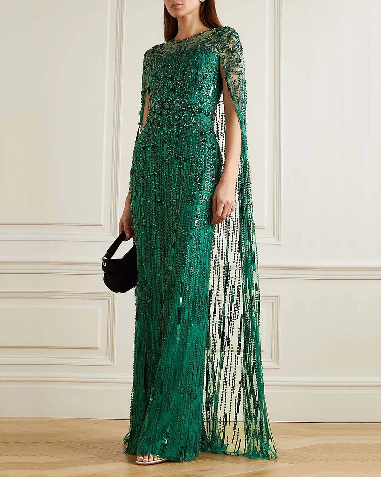 Elegant Cape Effect Sequined Dress Gown