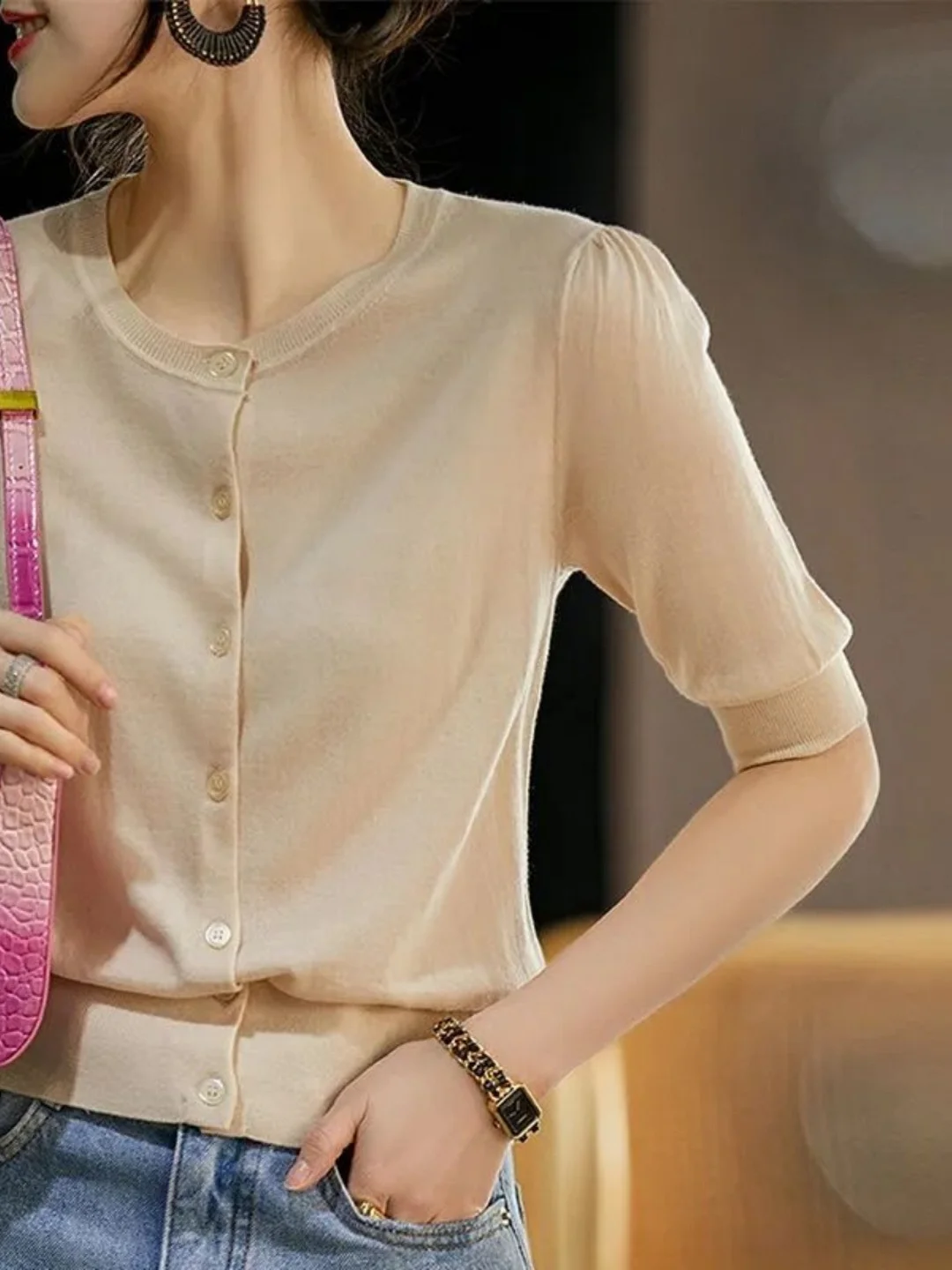 Athvotar Athvotar Knitted Jersey Women's Early Spring Round Collar Collar In The Middle Sleeve Ice Silk Thin Model Hit The Bottom Of The Coat Female Ocean