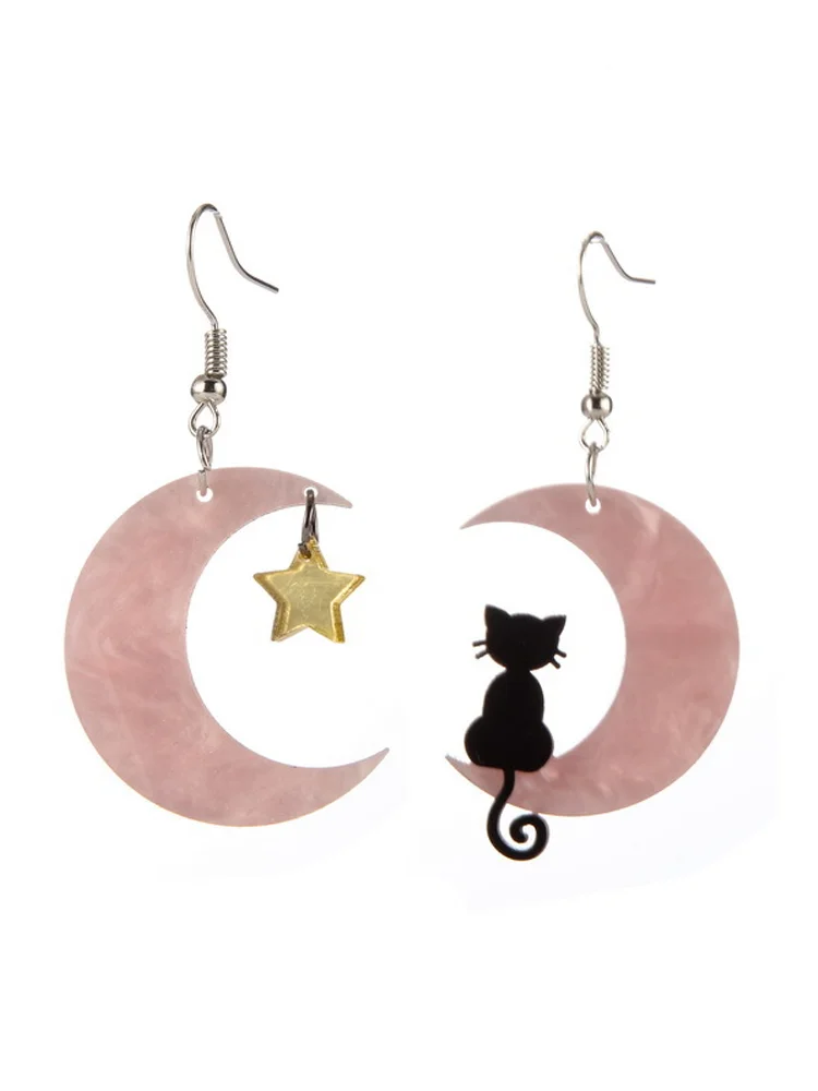 Cartoon Black Cat And Moon Earrings