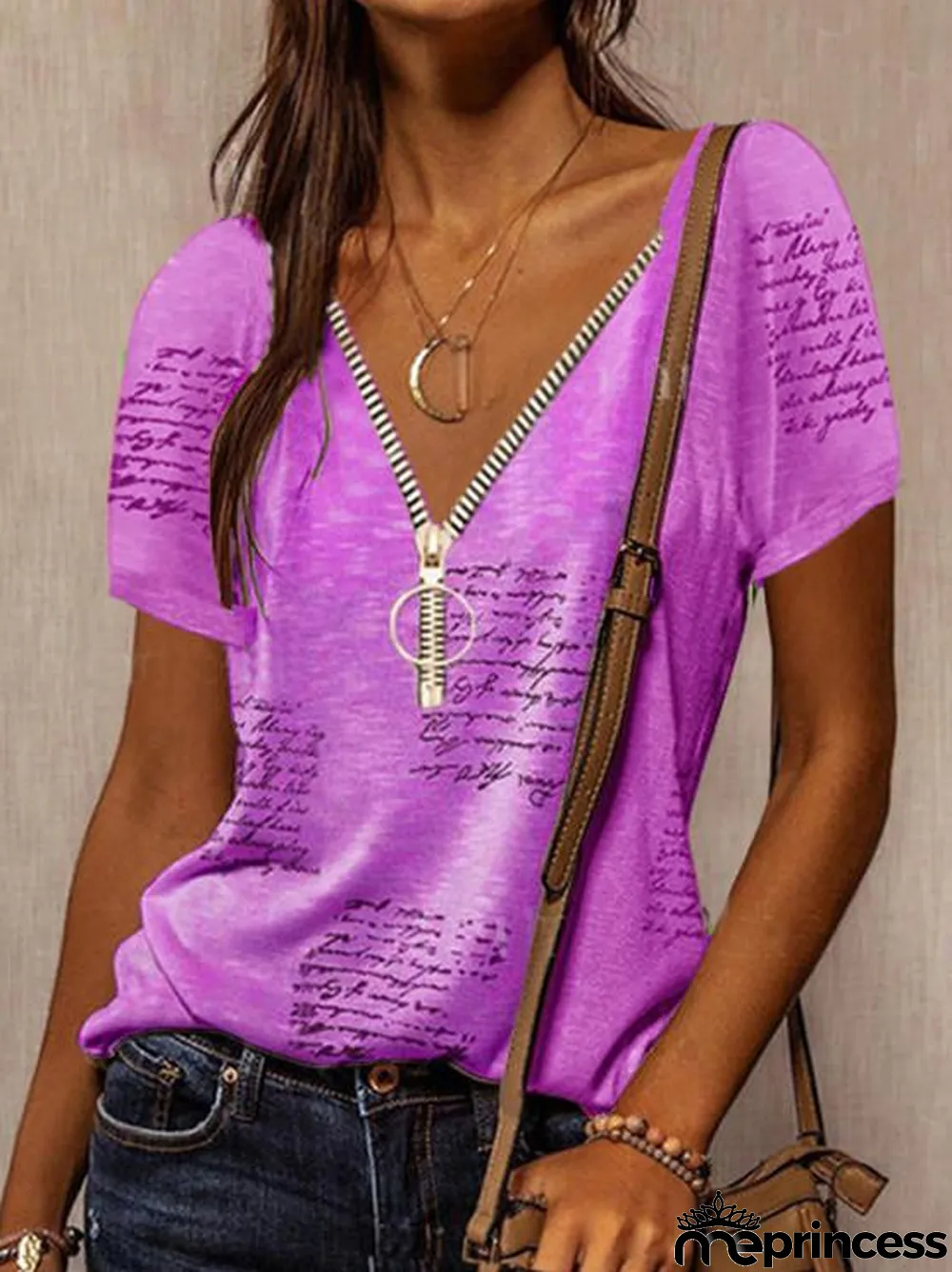 Women Short Sleeve V-neck Printed Zipper Top