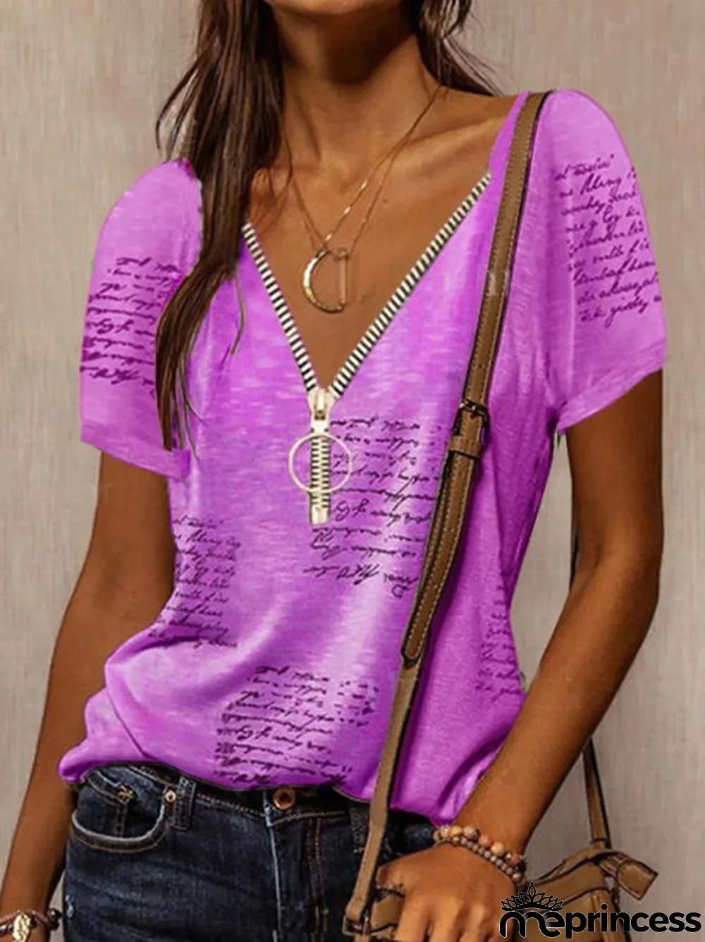 Women Short Sleeve V-neck Printed Zipper Top