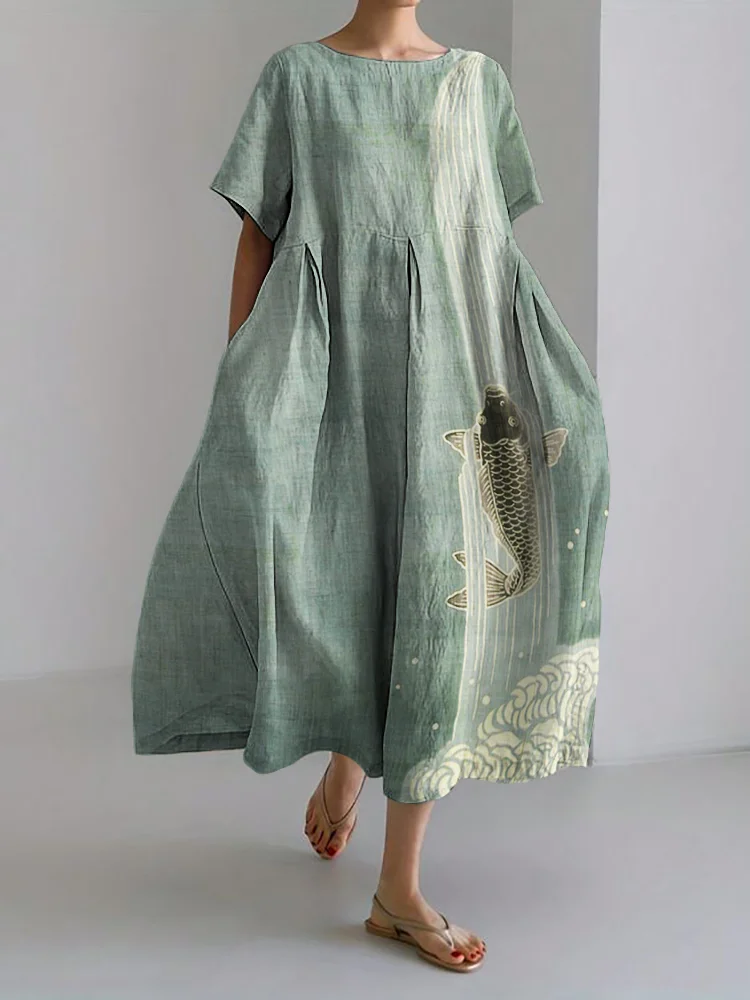 Comstylish Upstream Carp Japanese Art Linen Blend Maxi Dress