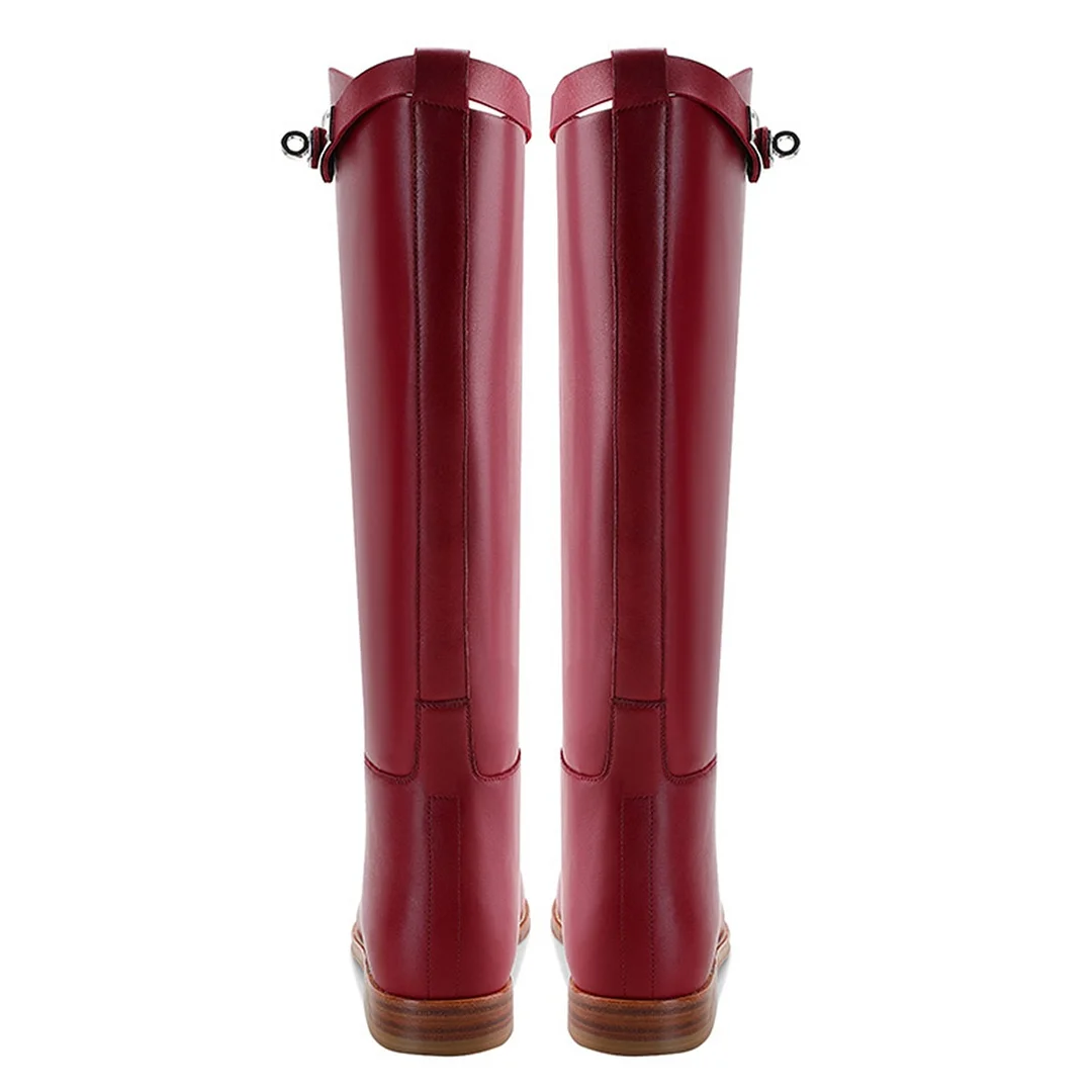 Fashion Red Round Toe Slip On Knee High Flat Boots for Women