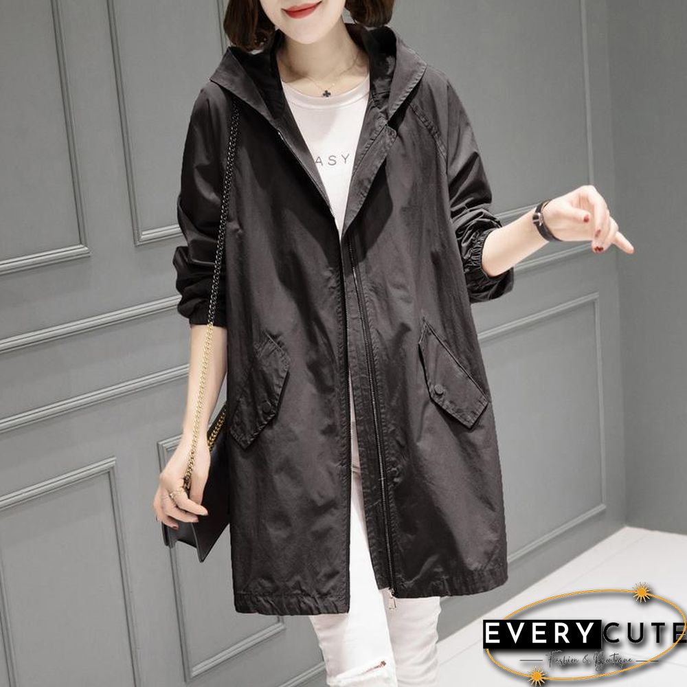 Spring Autumn Large Size 4Xl Hooded Windbreaker Coats Women'S Mid-Length Trench Coat New Thin Female Coat Casual Outerwear