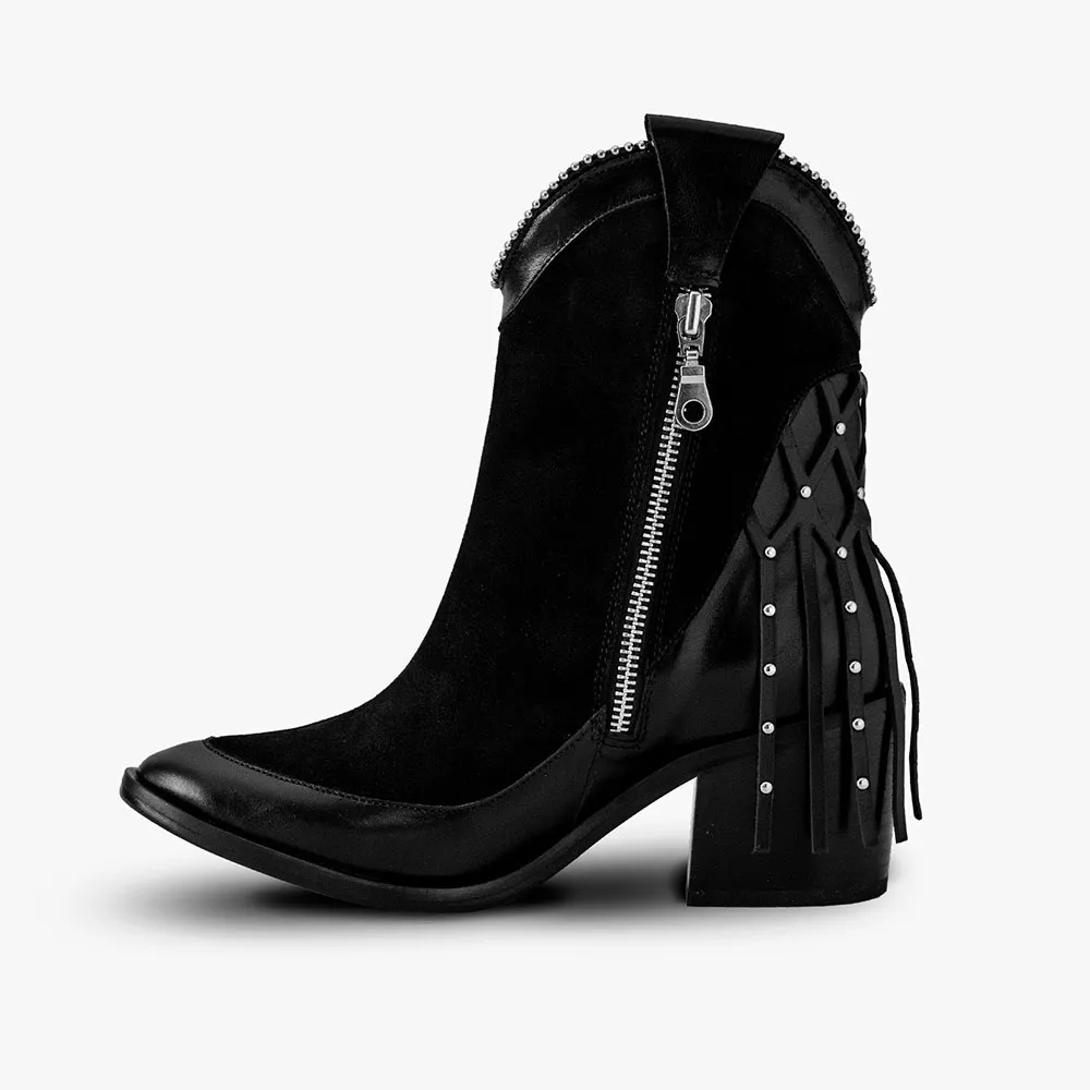 Black Studded Fringe Block Heel Zipper Ankle Western Boots for Women