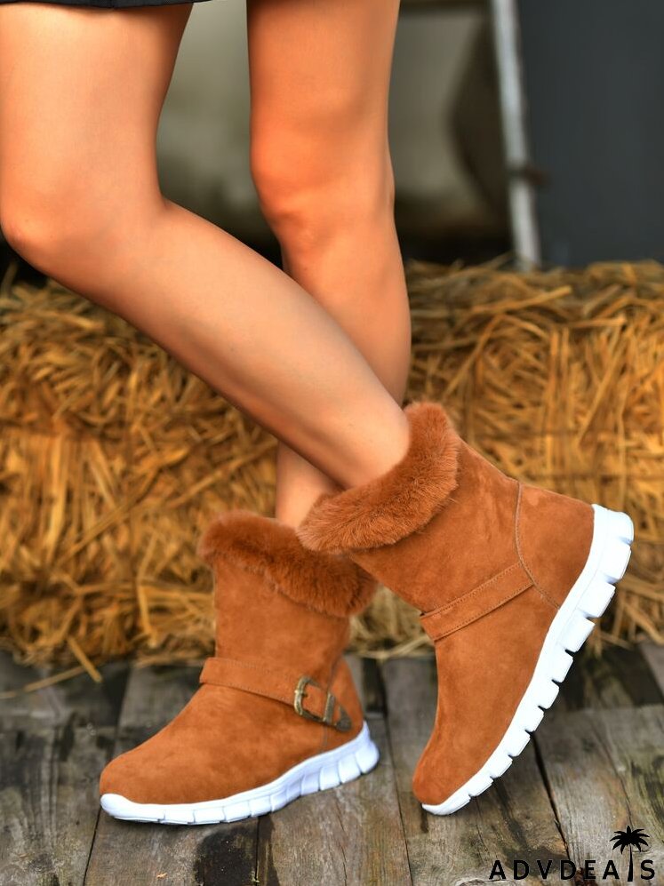 Contrast Fluffy Faux Suede Buckle Decor Snow Boots