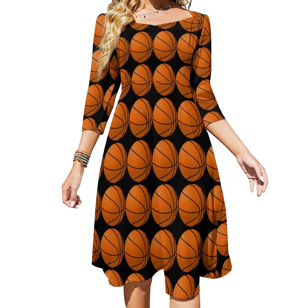 Black And Orange Basketball Dress Sweetheart Tie Back Flared 3/4 Sleeve Midi Dresses