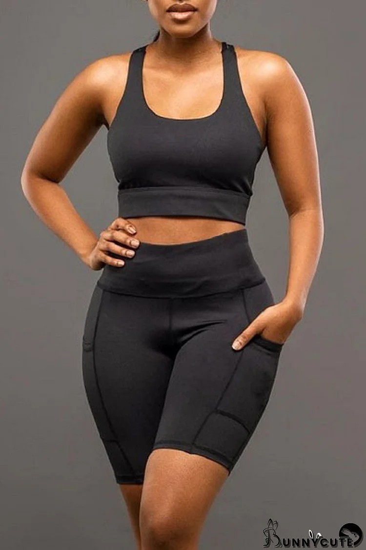 Black Sexy Casual Sportswear Solid Backless U Neck Sleeveless Two Pieces