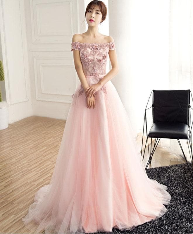 Beautiful Pink Tulle Lace Long Prom Dress, Pink Evening Dress