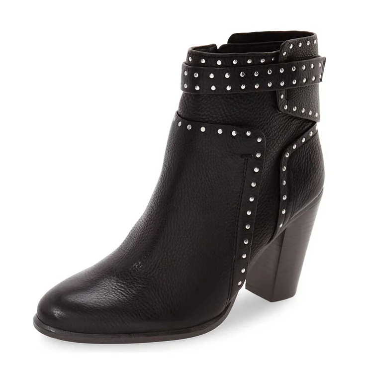Black Chunky Heel Boots Round Toe Studded Ankle Boots |FSJ Shoes