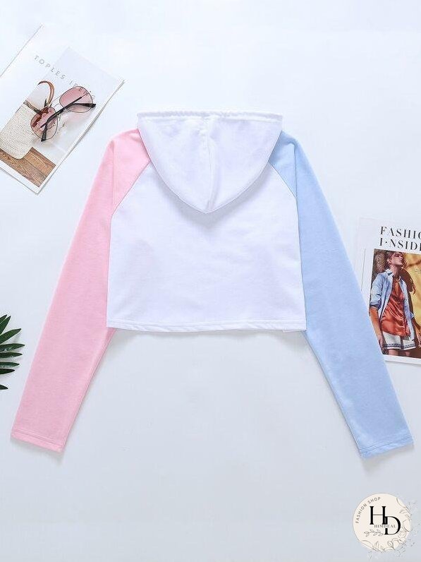 Contrast Raglan Sleeve Drawstring Hoodie for Women