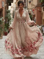 Women's Vintage Floral Art Linen Blend V-neck Dress