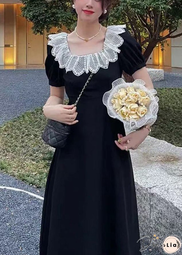 New Black Square Collar Solid Cotton Dress Summer