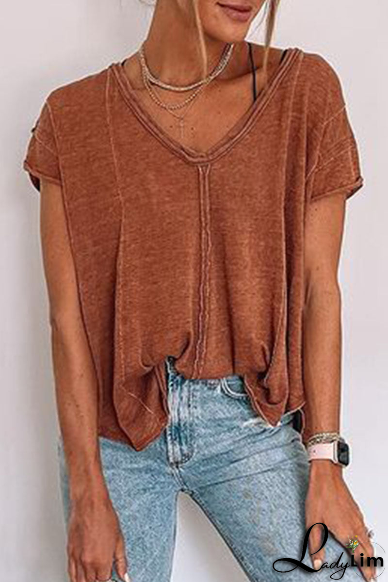 Casual Solid Split Joint V Neck T-Shirts(4 Colors)