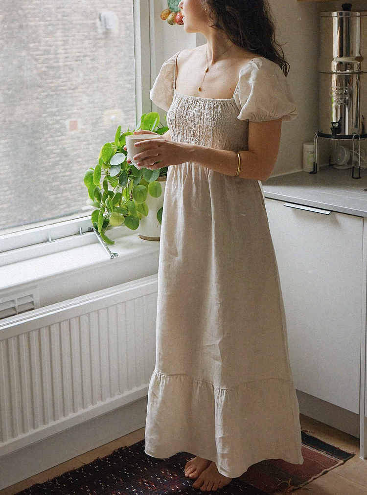 Square Neck Tiered Skirt Puff Sleeve Linen Dress