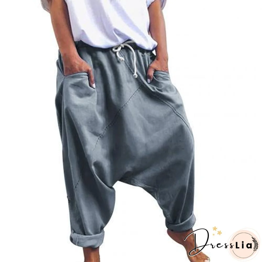 Women Casual Drawstring Pockets Drop Crotch Baggy Long Trousers Harem Pants P16400