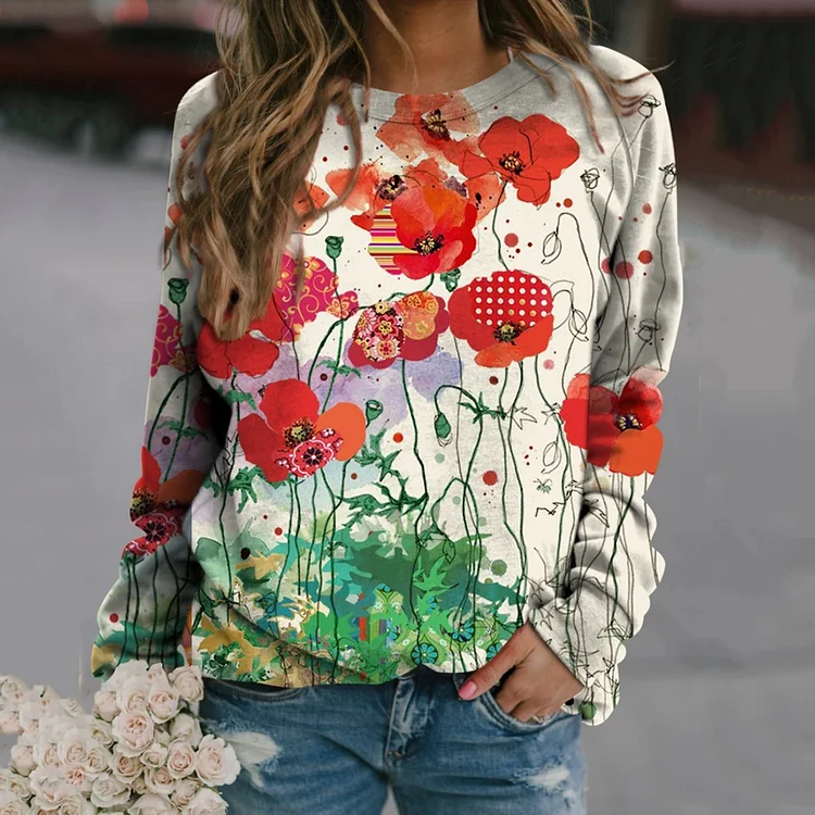 Wearshes Casual Floral Art Print Round Neck Sweatshirt