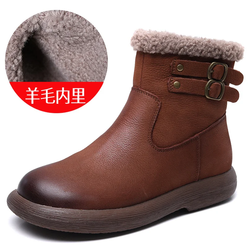 Yyvonne Cowhide Lamb Wool Snow Boots Women Winter New Warm Plus Cotton Boots Retro Leisure Short Boots