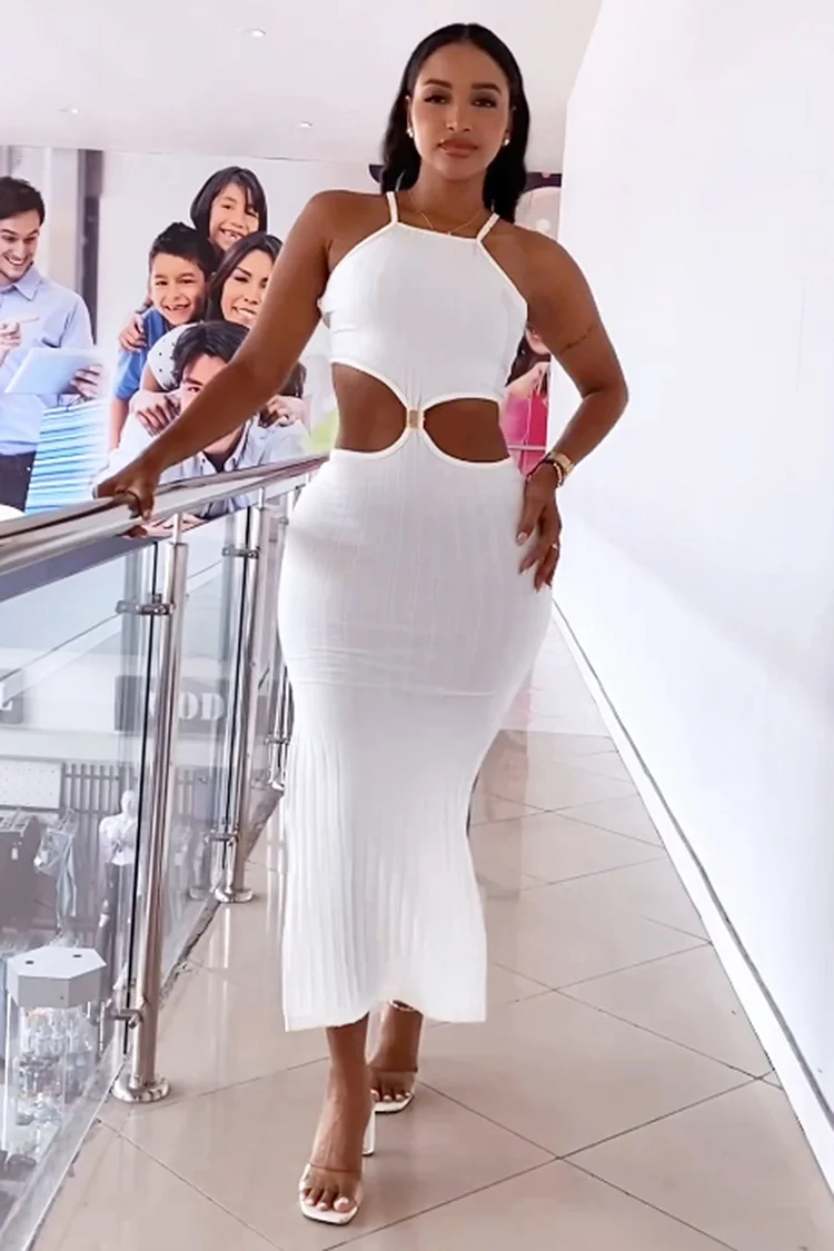 Cami Cutout Pit Stripe Slit Bodycon Party Midi Dresses-White [Pre Order]