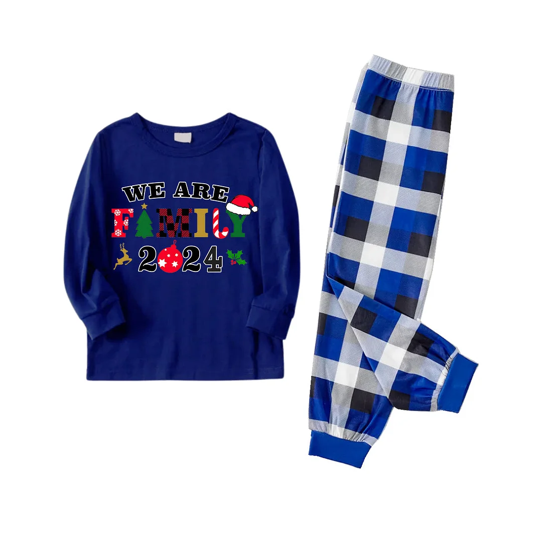 2024"We Are Family" Colorful Monogram Prints Contrast Blue Long Sleeve with Versatile Blue and White Plaid Pants Family Matching Pajamas