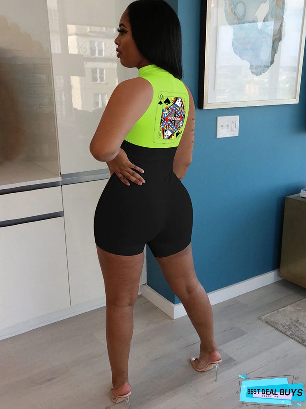 Plus Size Sleeveless Poker Patchwork Rompers