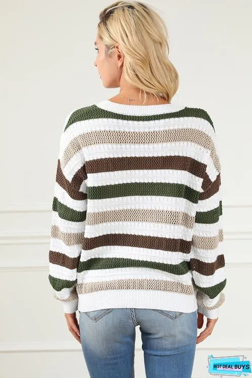 Striped Openwork Dropped Shoulder Sweater