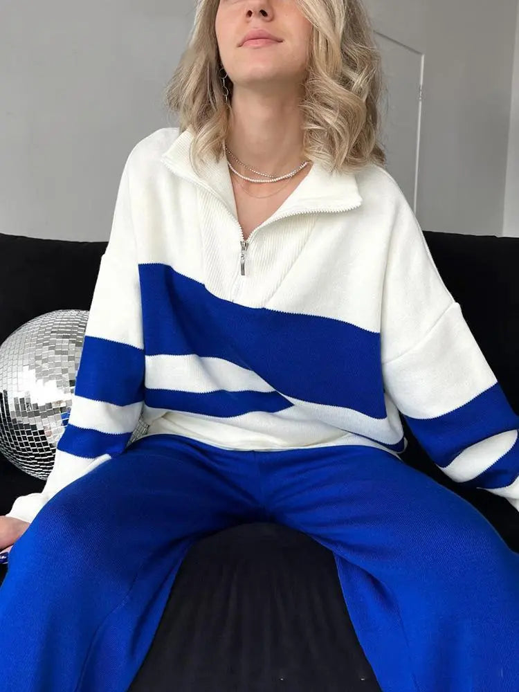 Color Contrast Long Sleeve Sweaters Pants Sets