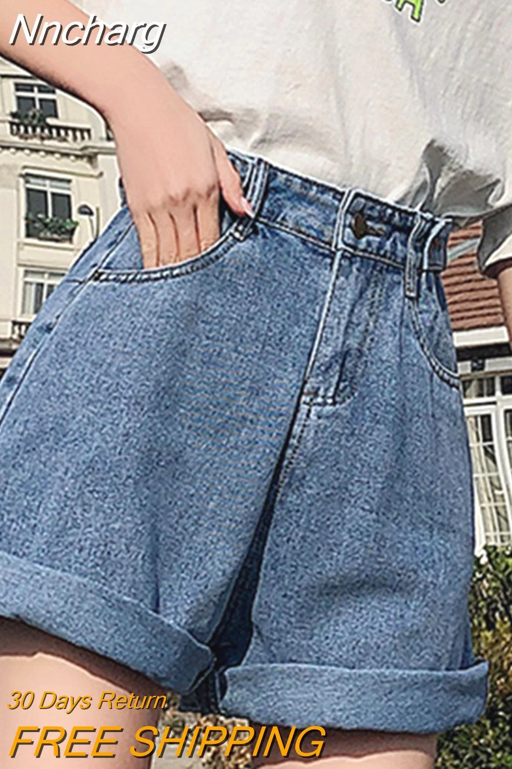 Nncharge New Summer Women High Waist Button Wigh Leg Jeans Shorts Casual Female Loose Fit Blue Denim Shorts