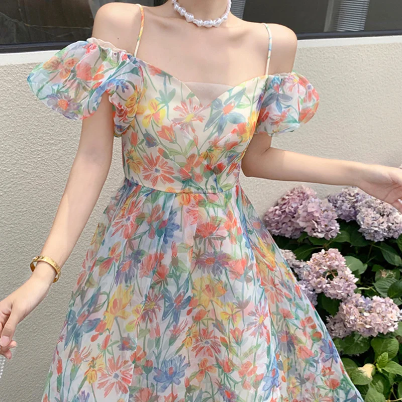 Churchf Churchf Organza A Word Shoulder Bubble Sleeve Broken Flower Condole Belt Dress Spring And Summer New Big Place Long Skirt