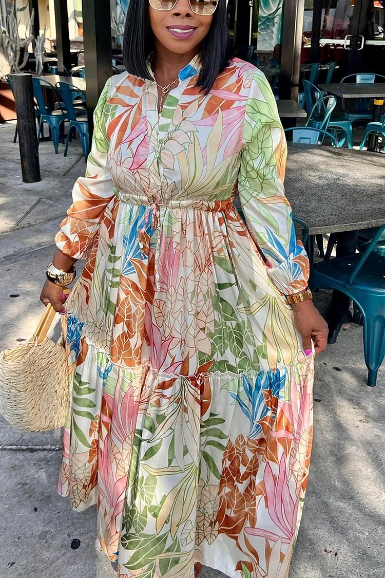 Plus Size Daily Floral Print Mandarin Collar High Waist Maxi Dresses [Pre-Order]