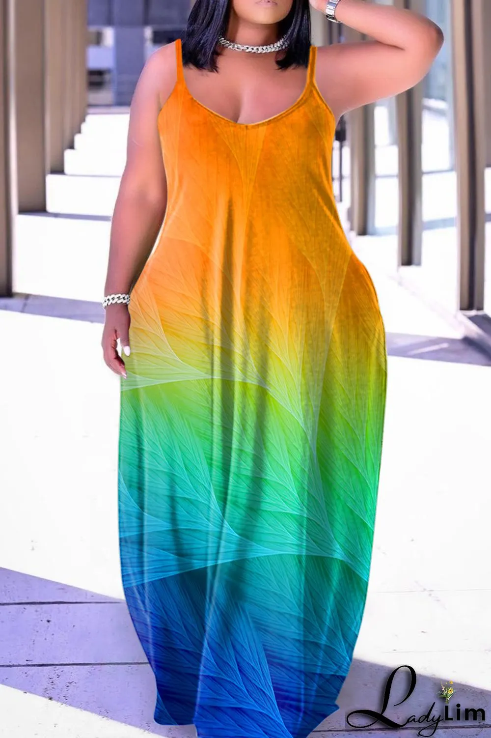 Sky Blue Sexy Casual Print Backless Spaghetti Strap Long Dress Dresses