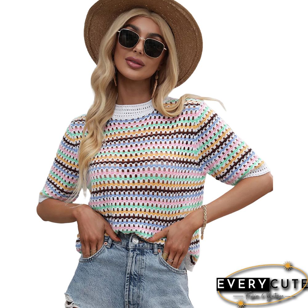White Colorblock Striped Hollow Out Knit Sweater