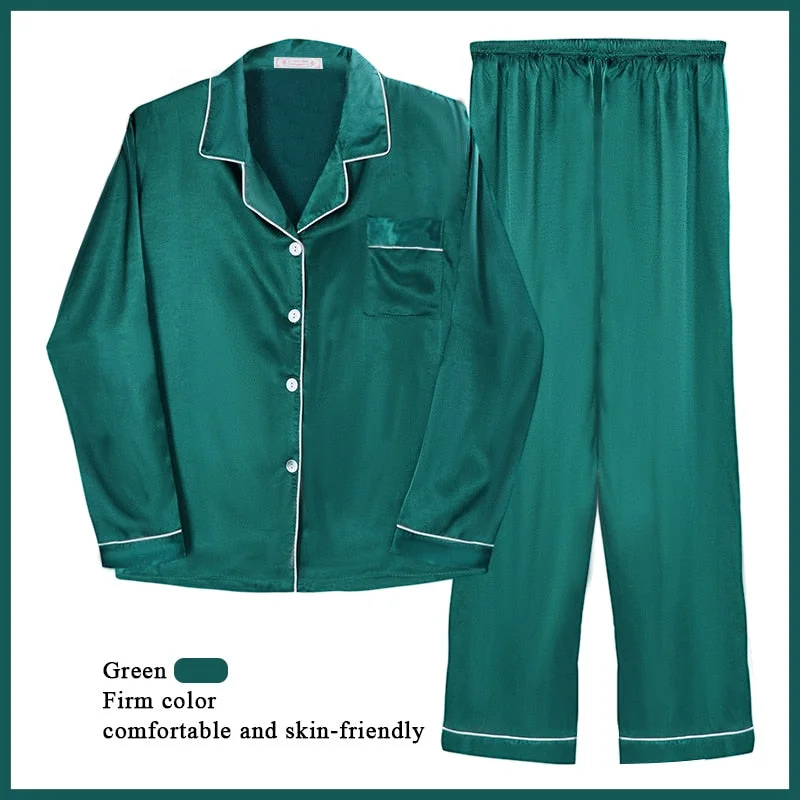 2 Pieces Faux Silk Satin Pajamas Set Autumn Women Silky Skin Friendly Nightwear Simple Comfortable Home Long Sleeve Clothes