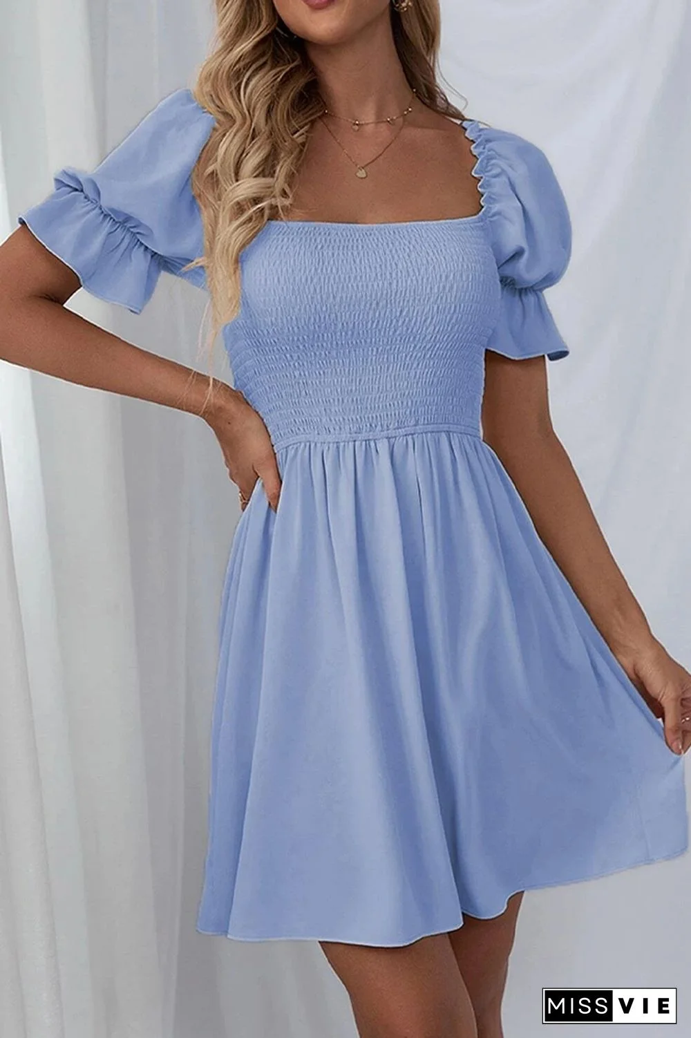 Square Collar Smocking Stitch A-line Dress Wholesale