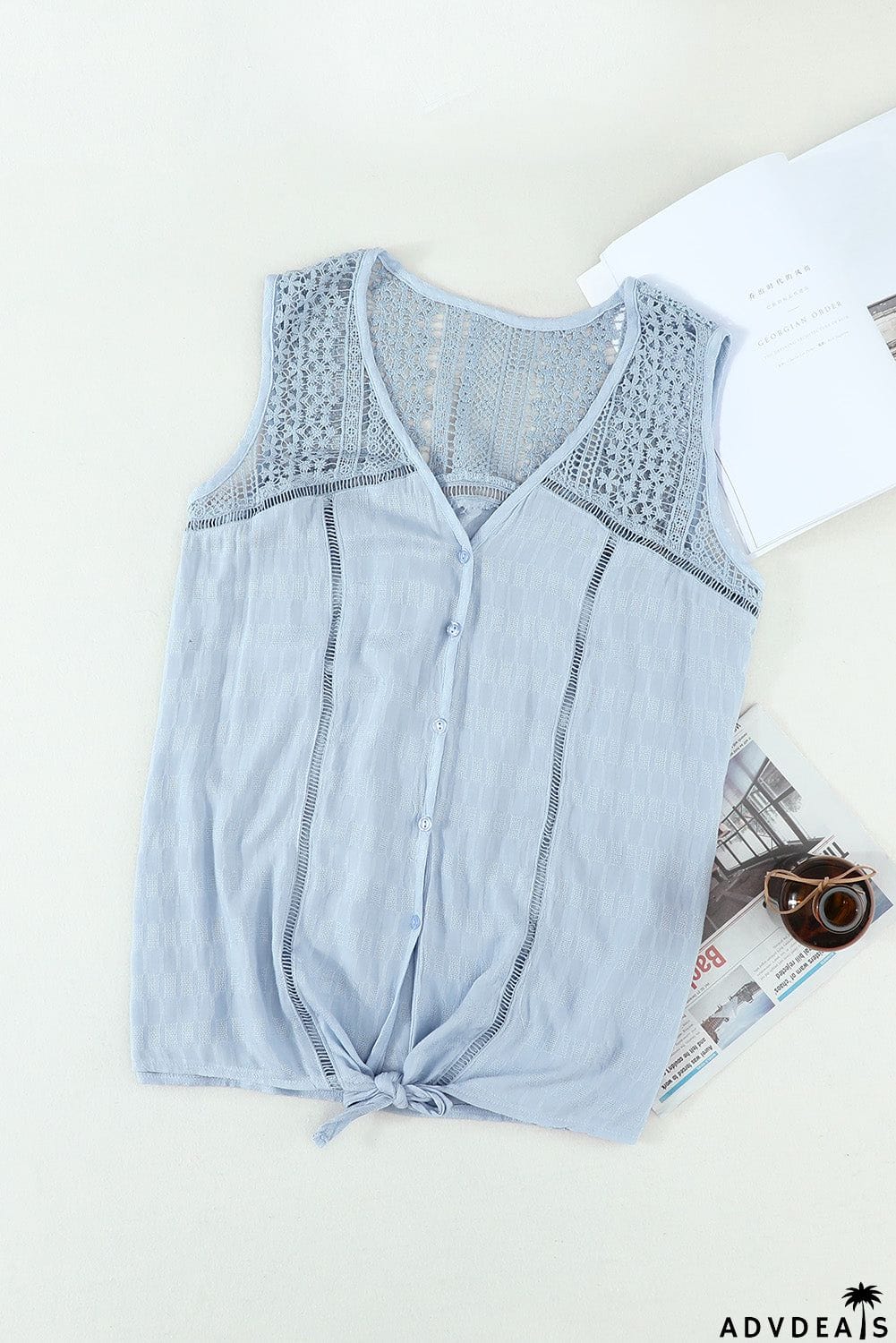 Chic Sky Blue Lace Tie Front Button V Neck Tank Top