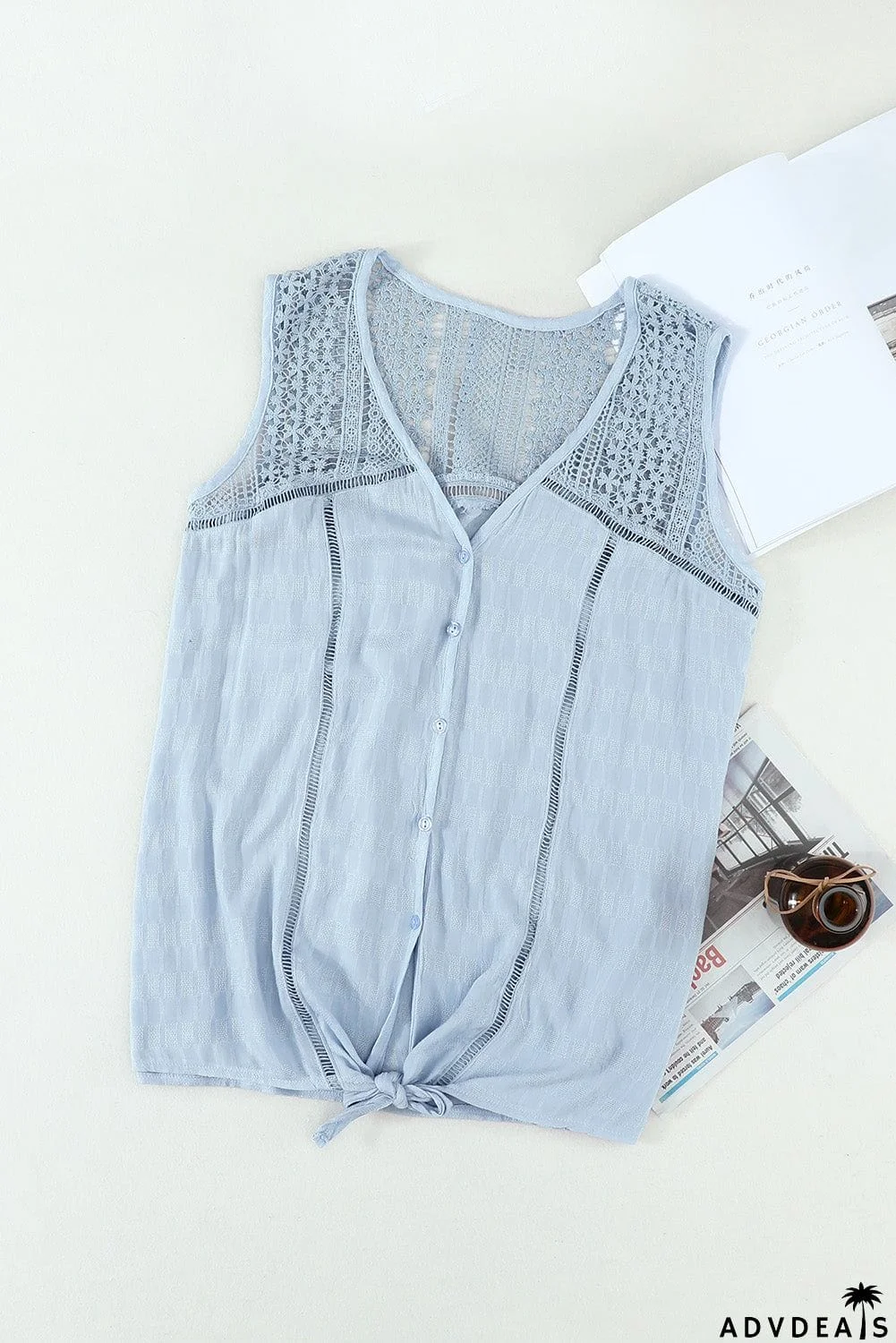Chic Sky Blue Lace Tie Front Button V Neck Tank Top