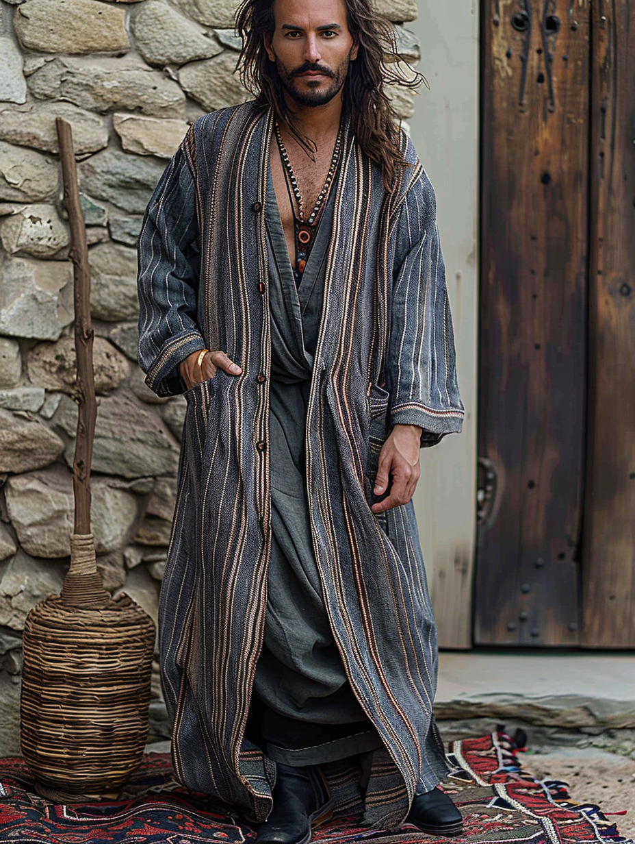 Men's Ethnic Printed Long Linen Cardigan